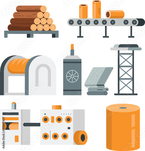 Wood processing factory machinery set with conveyor timber logs sawmill equipment industrial production vector illustration isolated collection