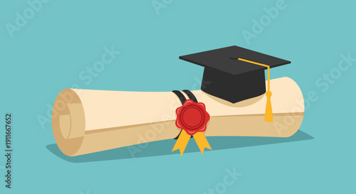 Graduation Cap on Diploma Certificate Illustration.