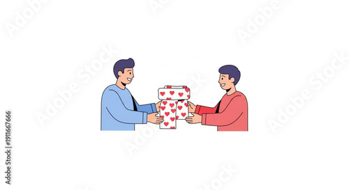 Two people exchanging a gift box adorned with heart patterns, symbolizing generosity and love