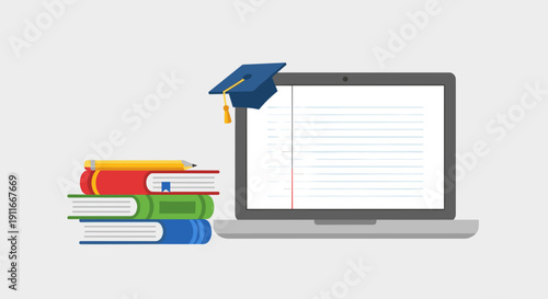 Graduation Cap on Laptop Screen Books.