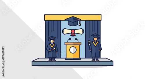 Graduation Ceremony Scene with Graduates and Speaker.