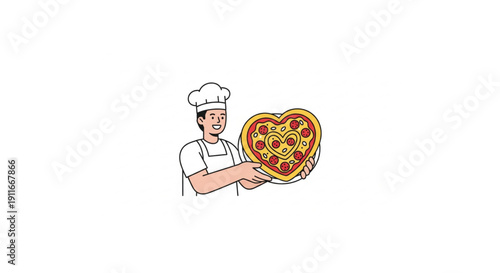 A cheerful baker presenting a heart-shaped pizza adorned with fresh toppings, perfect for expressing love through food