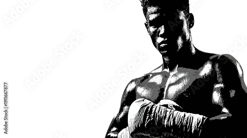 A striking black and white image of a muscular boxer, with toned physique and focused expression