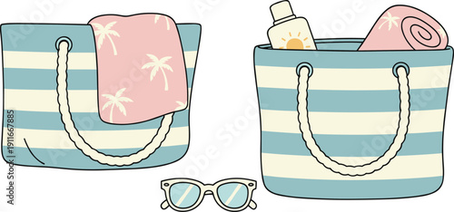 Striped Beach Bags with Towel Sunscreen and Sunglasses Set in Hand Drawn Flat Vector Illustration