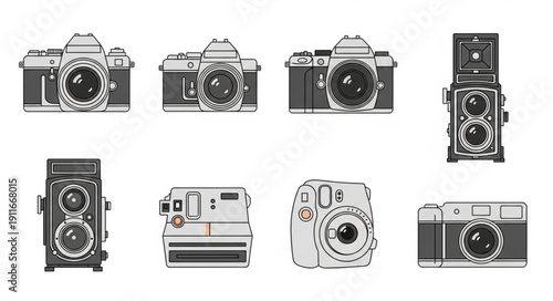 Collection of vintage and modern cameras displayed in a grid.