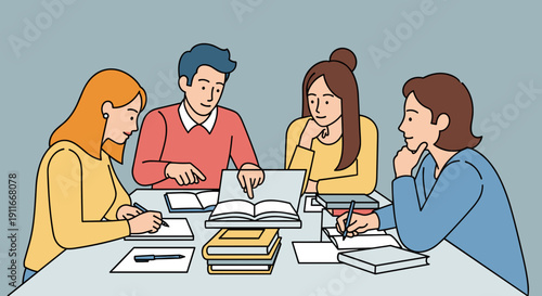 Group of Students Studying Together Around Table.