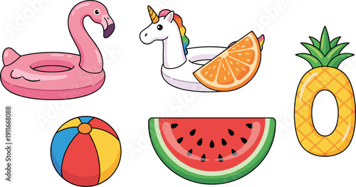 Summer Beach Pool Floats Vector Illustration Set with Flamingo Unicorn Pineapple Inflatable Rings Watermelon and Beach Ball