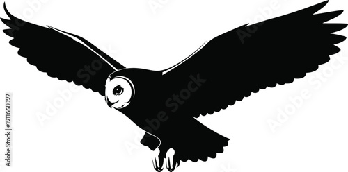 Silhouette owl in flight, wings spread wide, isolated on a clean background view
