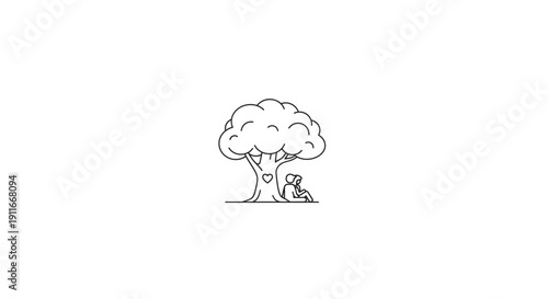 Simple line art illustration of a tree with a dog resting underneath it, evoking feelings of peace and companionship
