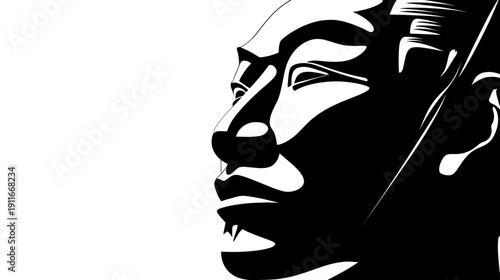 Side profile of a human face rendered in bold black and white, dramatic lighting, minimalist