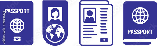 passport icons set globe biometric id page travel document symbols
