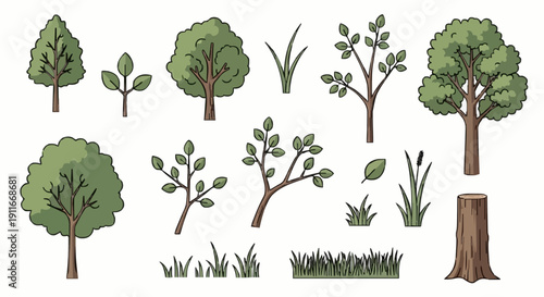  set of natural elements, branches, fresh grass, and a tree stump. Ideal for digital forest and outdoor scene illustrations