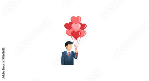 A man in a suit holding a bunch of red heart-shaped balloons tied together, symbolizing love and celebration