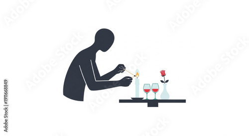 Minimalist illustration of a person igniting a candle on a table, creating a romantic atmosphere with wine glasses and a single rose, perfect for a date night or special occasion