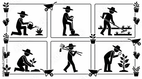 Modern Vector Gardening Icon Set – Watering, Planting, Digging, Weeding, Inspecting Plants, Eco-Friendly Agriculture, Minimalist Silhouettes, Professional Symbolic Visuals, Modular Catalog Ready Asset