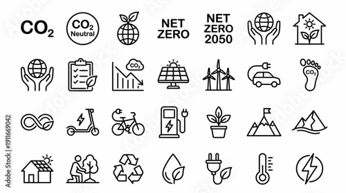 Modern Vector Sustainability Icon Set – Net Zero, Carbon Neutrality, Renewable Energy, Eco-Friendly Practices, Climate Action, Minimalist Line Design, Professional Symbolic Visuals, Catalog Ready Asse