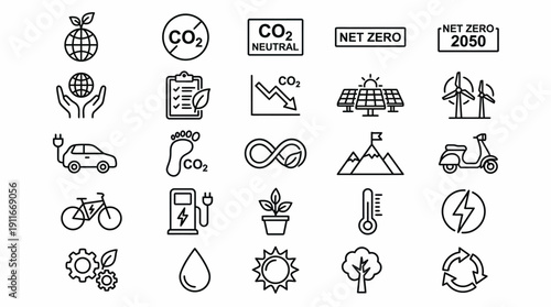 Modern Vector Sustainability Icon Set – Net Zero, Carbon Neutrality, Renewable Energy, Eco-Friendly Practices, Climate Action, Minimalist Line Design, Professional Symbolic Visuals, Catalog Ready Asse