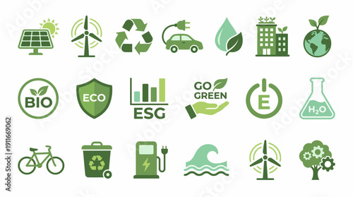 Modern Vector Green Sustainability Icon Set – Renewable Energy, Eco-Friendly Living, Climate Action, Recycling, ESG, Minimalist Design, Professional Symbolic Visuals, Catalog Ready Assets
