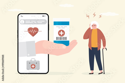 Mobile phone with application for health check up, concept. Medical staff hand give drugs bottle for elderly patient. Sick aged woman examining or checking health online