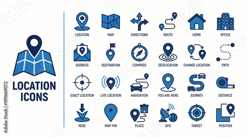 Modern Vector Location Icon Set for Navigation, Mapping, GPS, Geolocation, Directions, Route, Destination, Minimalist Design, Professional Symbolic Visuals, Modular Assets, Catalog Ready