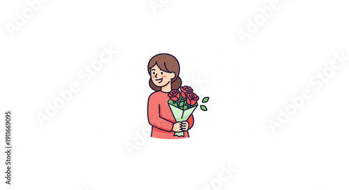 Smiling woman happily receiving or presenting a beautiful bouquet of red roses, embodying joy and appreciation in a charming illustration