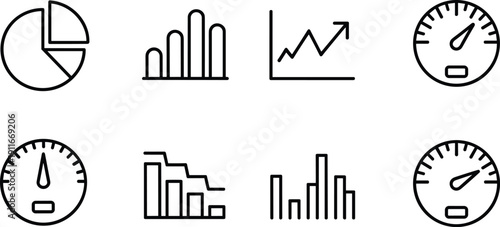 Minimal analytics and performance chart outline icons set including pie bar graph speedometer trend vector collection business data