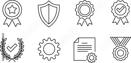 Minimal award and achievement outline icons set including badge shield ribbon medal gear certificate laurel wreath verification symbol vector collection