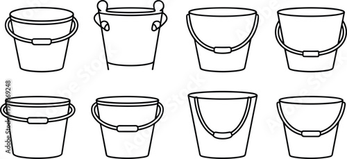Minimal bucket outline icons set showing different pail container variations with handle vector collection household cleaning tool design