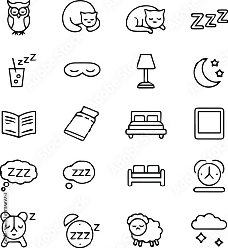 sleep icons set line symbols for bedtime and nighttime use for apps ui