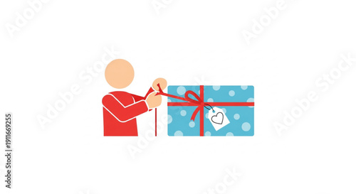 Vibrant illustration of a person meticulously preparing a polka-dot blue gift box, carefully tying a red ribbon, perfect for conveying joyous celebrations and thoughtful acts