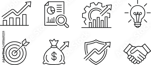 Minimal business growth and finance outline icons set including analytics report gear chart idea target money security handshake vector collection