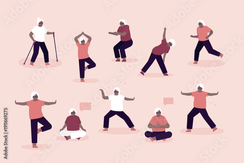 Aged female character practicing yoga, meditation and stretching. Set of african american elderly women active healthy lifestyle. Sports activities, retirement, healthcare concept