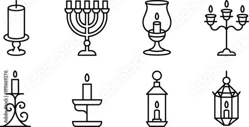 Minimal candle and lantern outline icons set including menorah candelabra oil lamp decorative holder vintage light vector collection classic illumination