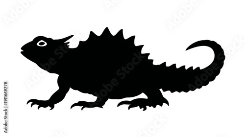 Silhouetted illustration of a spiky lizard with curved tail, walking, isolated on a white background