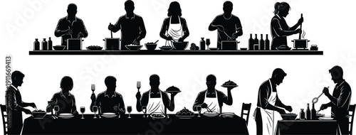 Cooking silhouettes preparing food, mixing ingredients, serving dishes, dining together, kitchen teamwork, communal eating, culinary art illustration, restaurant staff, black white design
