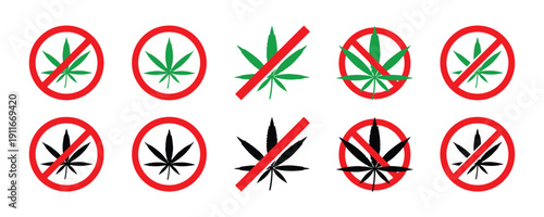 No marijuana symbols, cannabis leaf crossed out in red circle, prohibition and legal restrictions, drug control icons