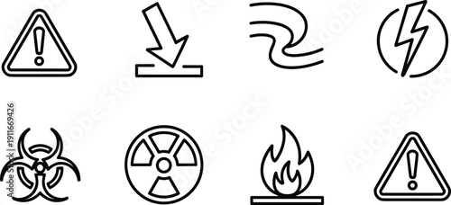 Minimal hazard warning and danger outline icons set including biohazard radiation fire lightning caution symbol vector safety collection.