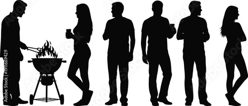 Flavector, barbecue party silhouette, grilling food, outdoor cooking, social gathering, people with cups, casual conversation, community leisure vector illustration