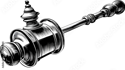 A detailed monochrome illustration of a decorative object with bulbous elements and a handle