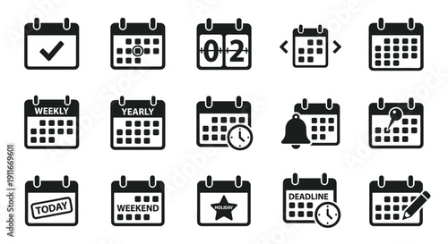 Calendar and Schedule Icon Set. Black Silhouette Symbols for Time Management, Planning and Deadlines on White Background