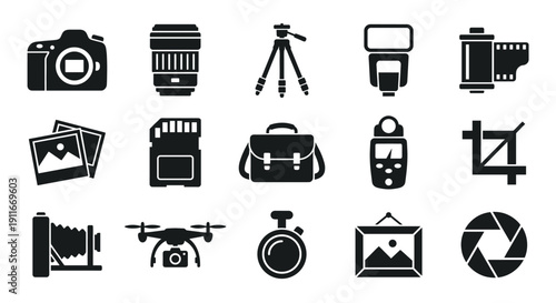 Photography Equipment Icon Set. Black Silhouette Symbols for Camera, Lens, Lighting and Photo Editing on White Background