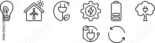 Minimal renewable energy and eco power outline icons set including solar house battery plug recycle leaf vector collection modern