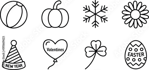 Minimal seasonal holiday outline icons set including summer beach ball pumpkin snowflake flower new year valentine clover easter egg vector