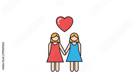 Vibrant vector graphic portraying a cheerful same-sex female couple holding hands beneath a heart, embodying modern love, equality, and heartfelt companionship