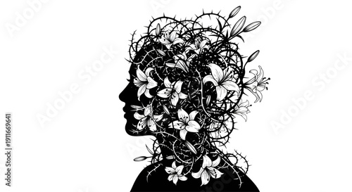 Conceptual silhouette profile of a woman with head filled with thorns and blooming lilies