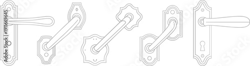 Minimal vintage door handle and lock plate outline icons set including classic hardware vector collection decorative interior design