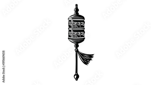 Black and white illustration of a prayer wheel with script, tassels, and a decorative handle