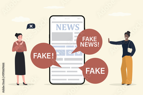 Fake news in social media. Woman viewers are against fake news. Audience wants to stop flow of lies, hoax. News app or channel with misinformation, lies and propaganda
