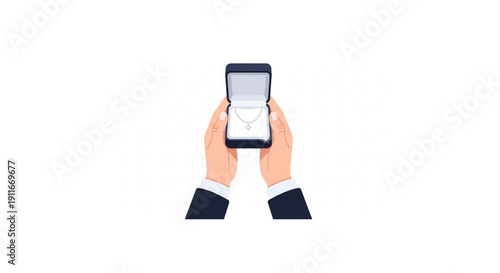 Elegant illustration of a person's hands holding open a sophisticated velvet jewelry box, revealing a sparkling silver necklace, symbolizing a cherished gift or a momentous occasion