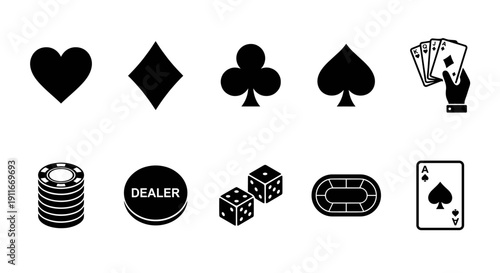 Casino and Gambling Icon Set. Black Silhouette Symbols for Poker, Cards, Dice and Betting on White Background